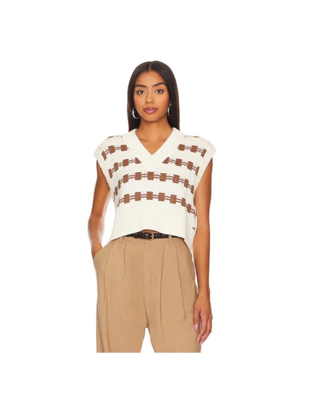 L'Academie Cropped V-Neck Knit Vest in Cream and Brown